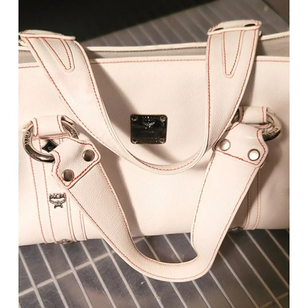 MCM White Leather Shoulder Bag with Red Stitching